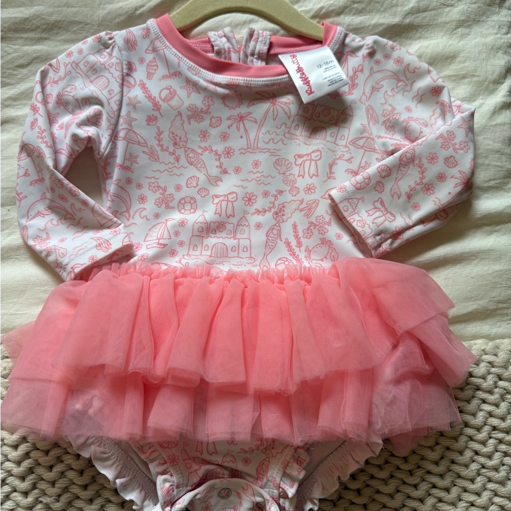Ruffle Butts Pink Tulle Tutu Long sleeve swimsuit 12-18m
